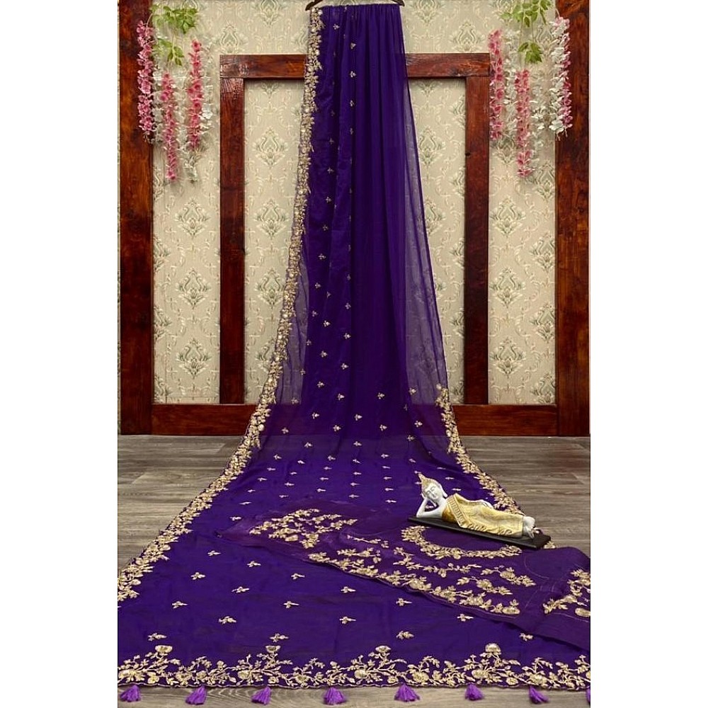 Dark purple georgette cording sequence work ceremonial wear saree