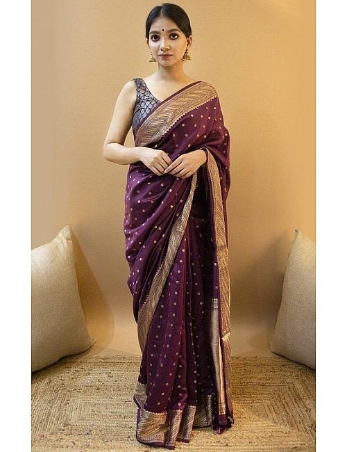 Dark purple soft lichi silk jacquard weaving work wedding saree