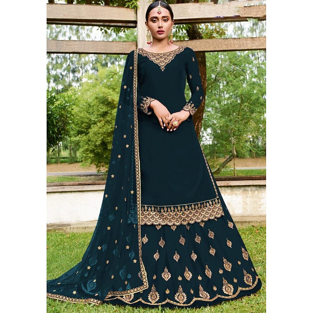 Dark rama faux georgette embroidered stich work lehenga suit