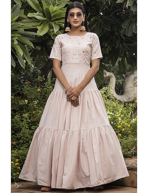 Dusty pink cotton embroidered party wear anarkali gown 