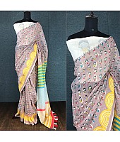 Dusty rose linen digital print cotton tussles work saree