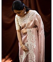 Dusty rose soft pure organza embroidered work party wear saree