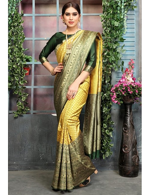 Golden soft lichi silk jacquard weaving work wedding saree