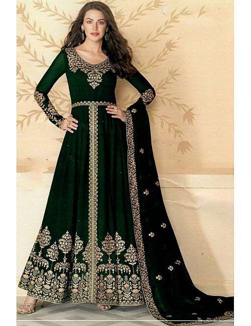 Green bluming georgette chain stich embroidered anarkali gown