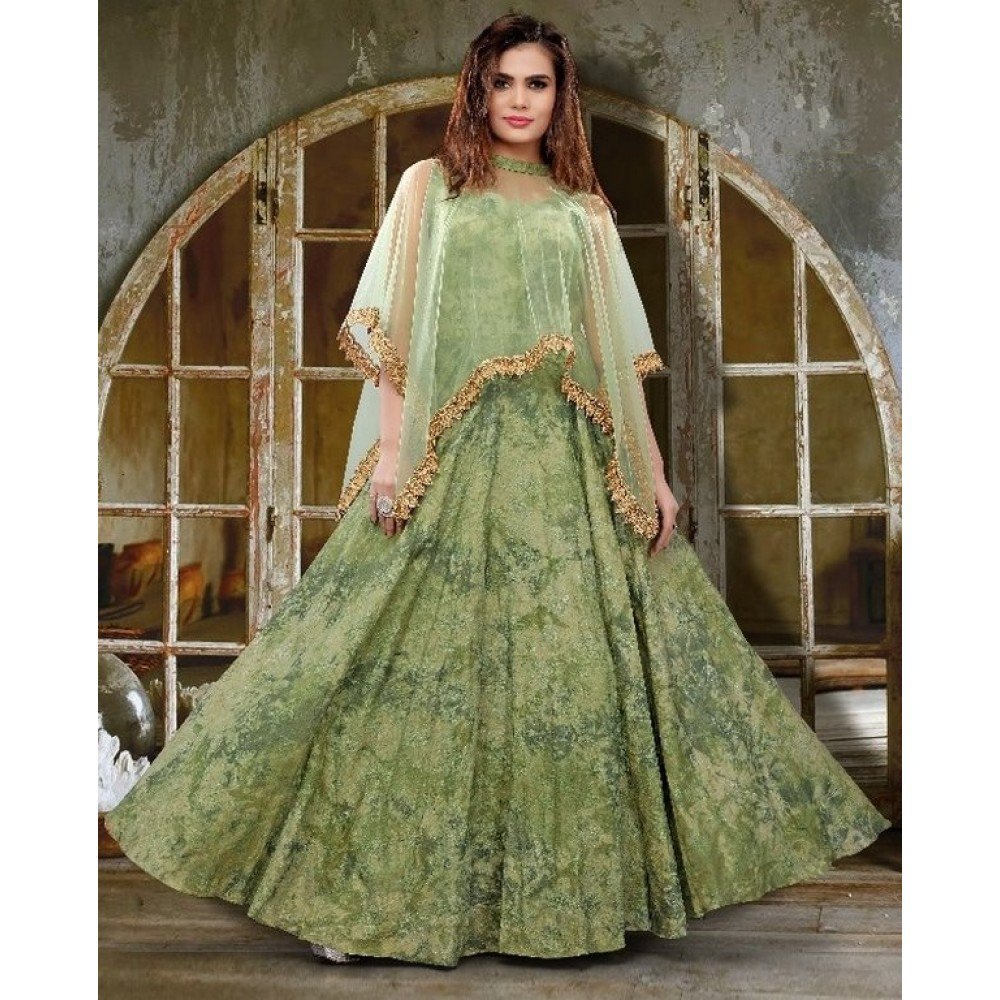 Green chanderi silk jacquard digital printed partywear gown