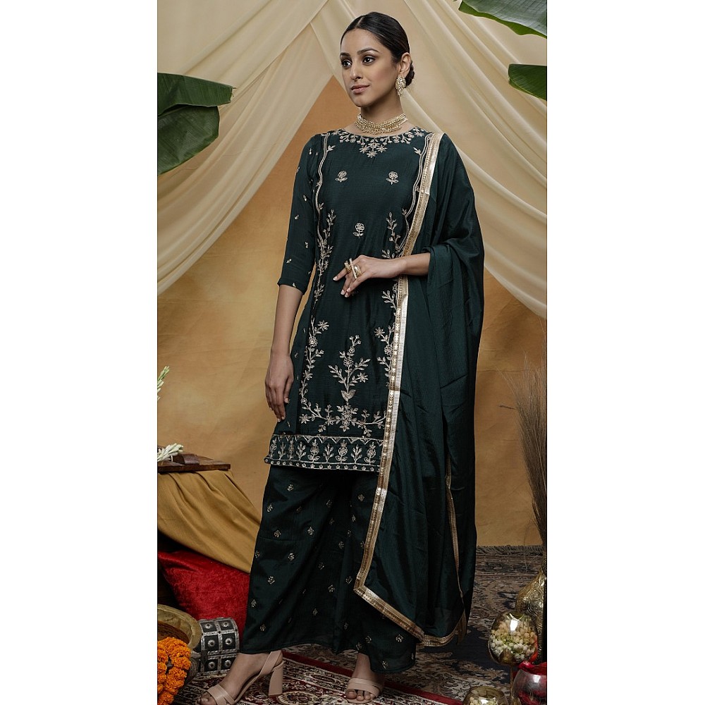 Green chinon sequence embroidered party wear plazzo suit