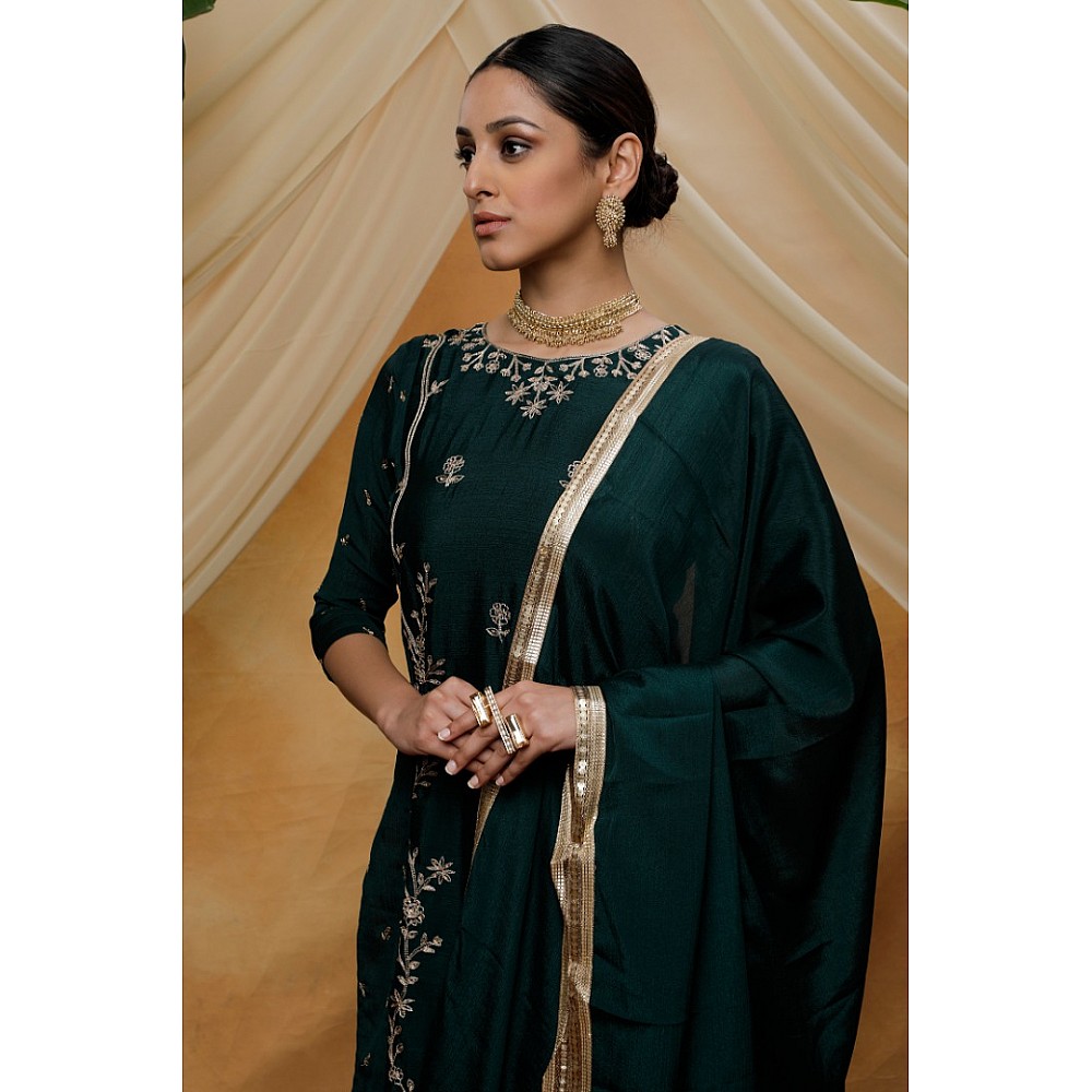 Green chinon sequence embroidered party wear plazzo suit