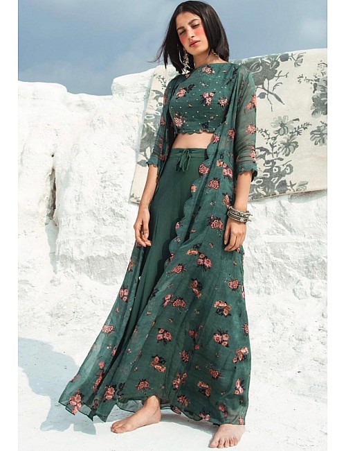 Green digital printed indowestern plazzo suit with shrug