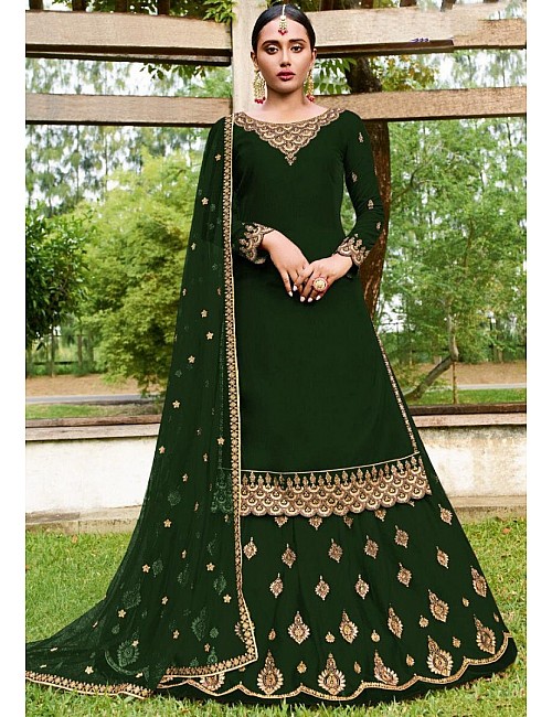 Green faux georgette embroidered stich work lehenga suit
