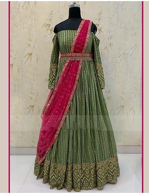 Green georgette embroidered gown for wedding