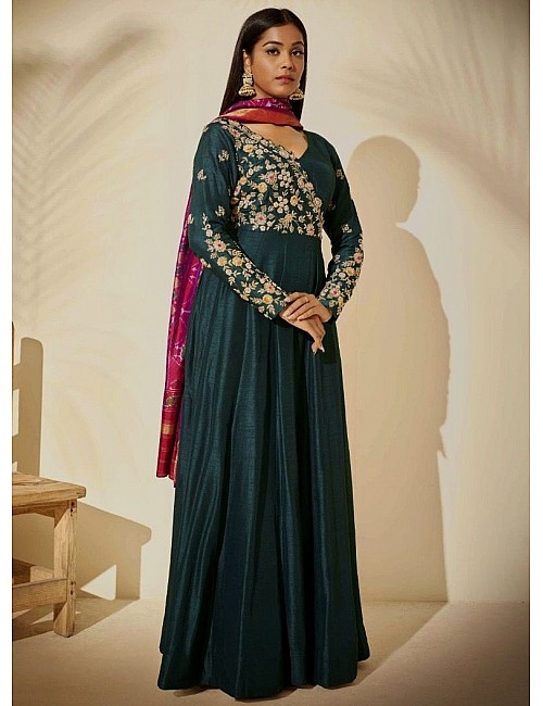Green georgette embroidered gown with printed dupatta
