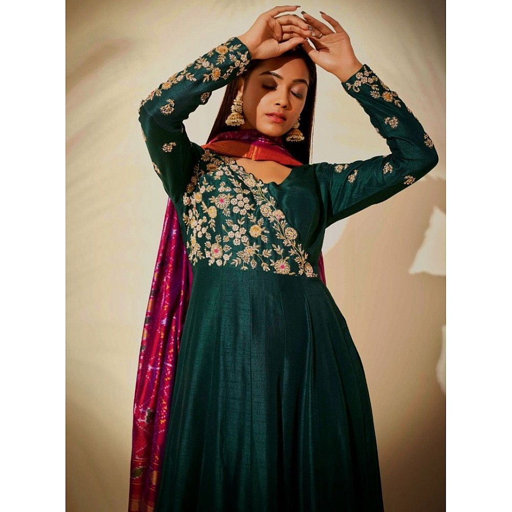 Green georgette embroidered gown with printed dupatta