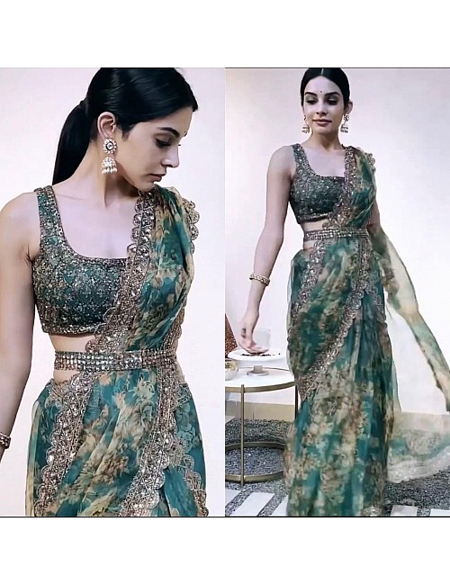 Green organza embroidered and sequence work saree