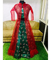 Green tapeta silk digital printed lehenga with red shrug