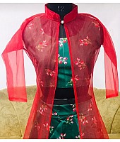 Green tapeta silk digital printed lehenga with red shrug