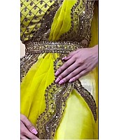 Greenish yellow organza sequence embroidered  work saree