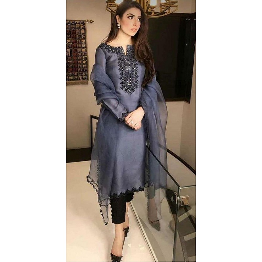 Salwar Suits : Grey cotton embroidered suit - Fashionde ...