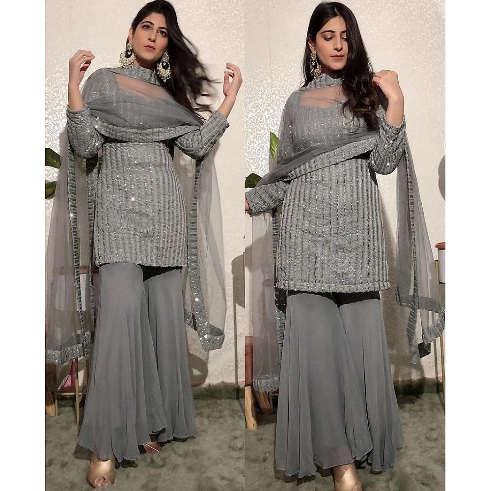 Grey faux georgette sequence work plazzo salwar suit