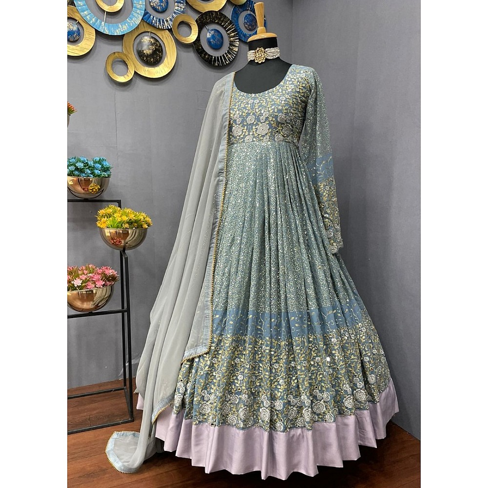 Grey georgette heavy embroidered long anarkali suit