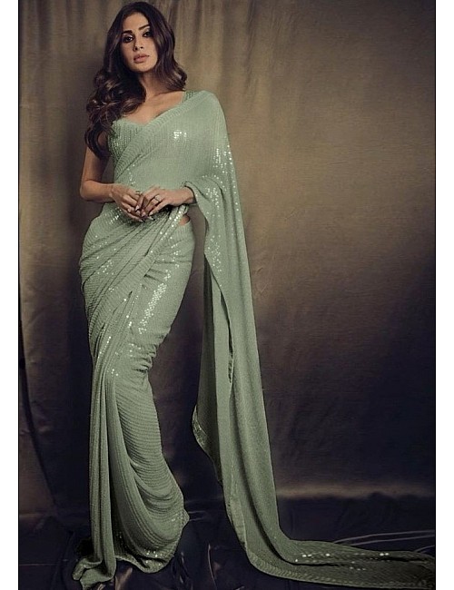 Grey georgette heavy embroidered sequence saree