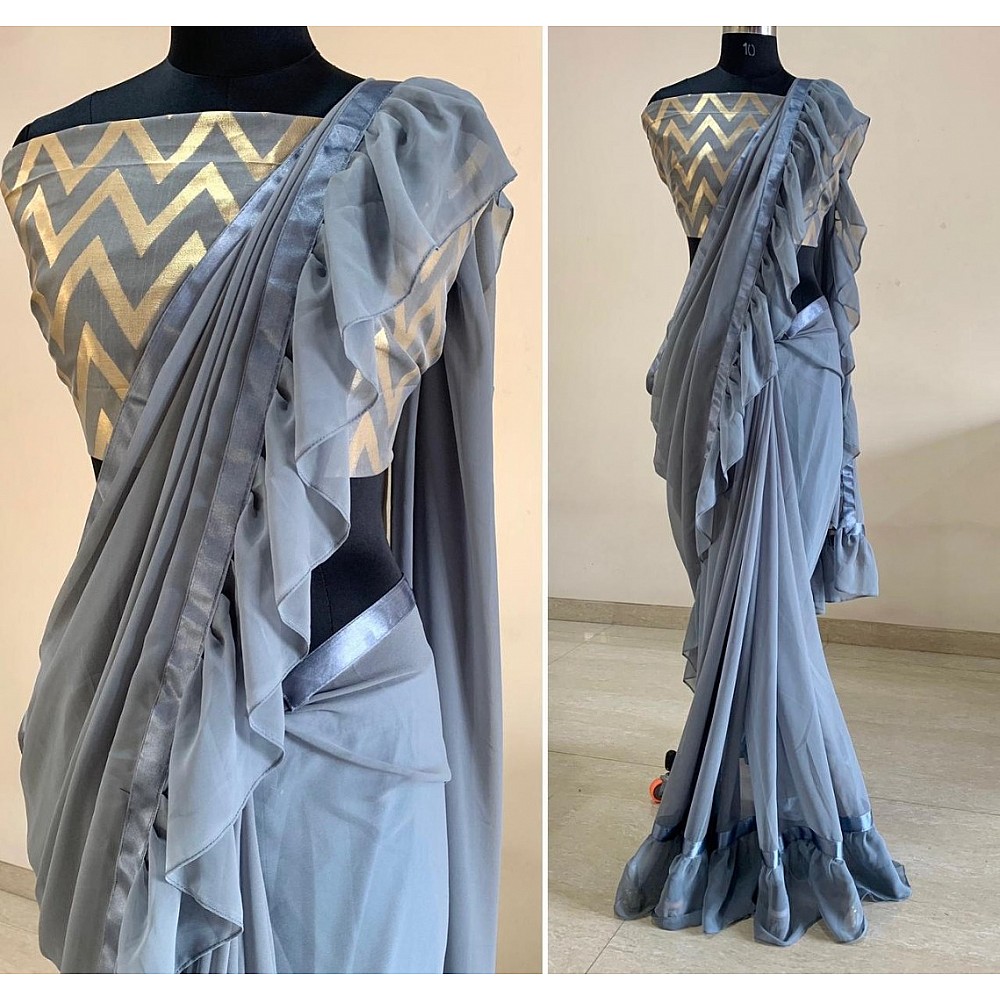 Grey georgette jhalar work saree with jacquard blouse
