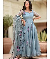 Grey georgette printed umbrella flair party wear gown