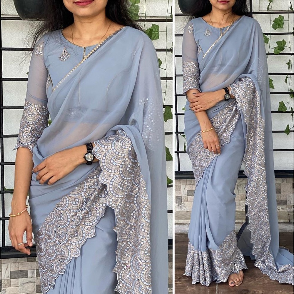 Grey georgette sequence embroidered work party wear saree