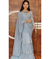 Grey georgette sequence embroidered work party wear saree