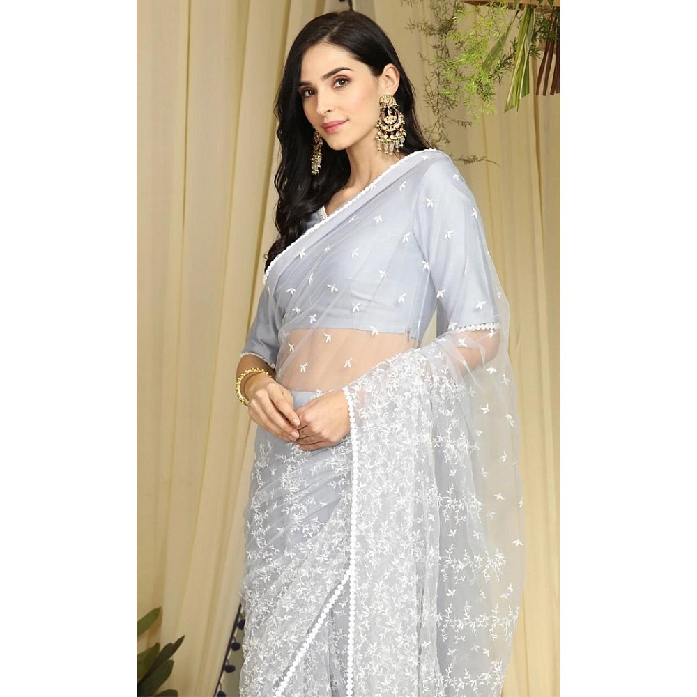Grey heavy soft net thread work elegant look saree