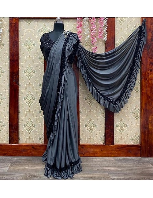 Grey imported fabric embroidered sequence work saree