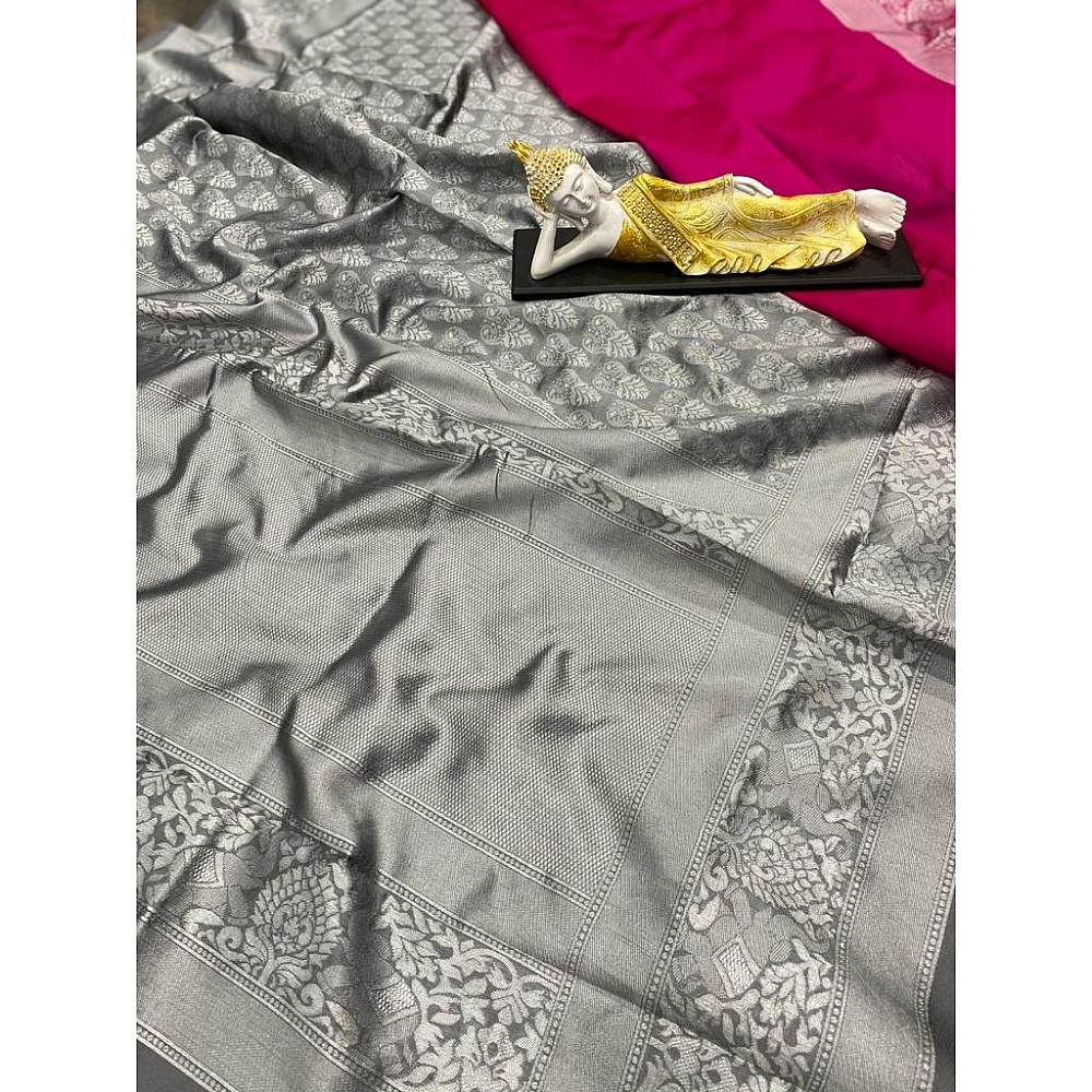 Saree : Grey kanchipuram silk silver jacquard work saree