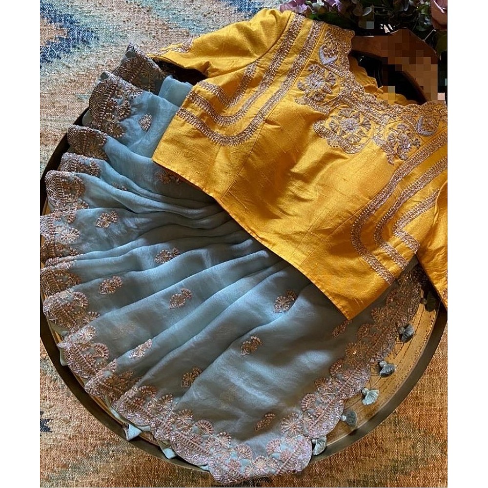 Grey pure organza silk georgette thread work ceremonial saree