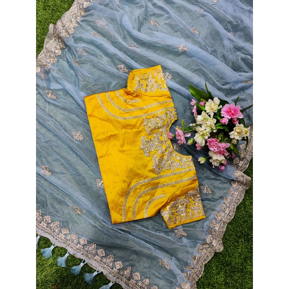 Grey pure organza silk georgette thread work ceremonial saree