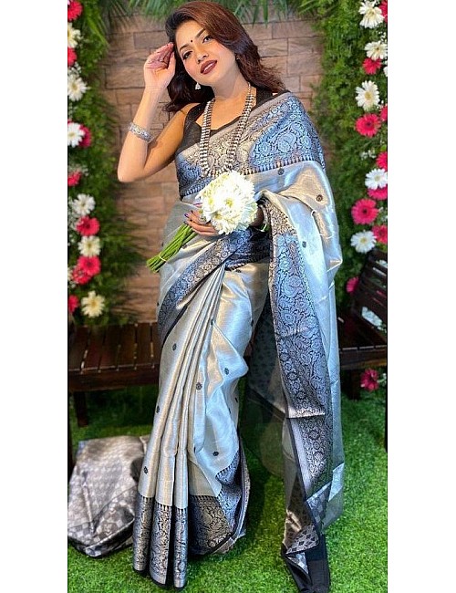 Grey soft lichi silk jacquard weaving work party wear saree