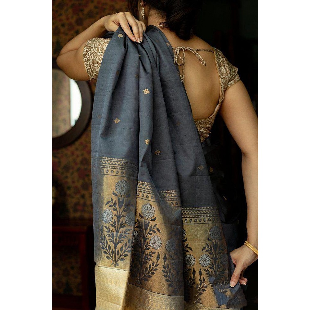 Grey soft lichi silk jacquard weaving work saree