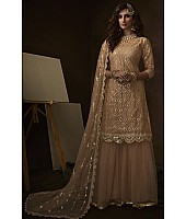 Light brown soft net sequence work ceremonial sharara salwar suit