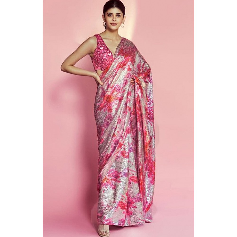 Light magenta paper silk embroidered sequence printed work saree