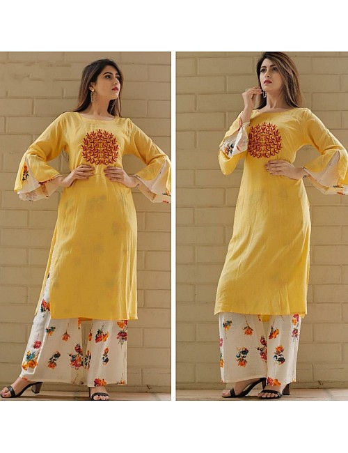 Light yellow heavy rayon hand embroidered work suit with plazzo