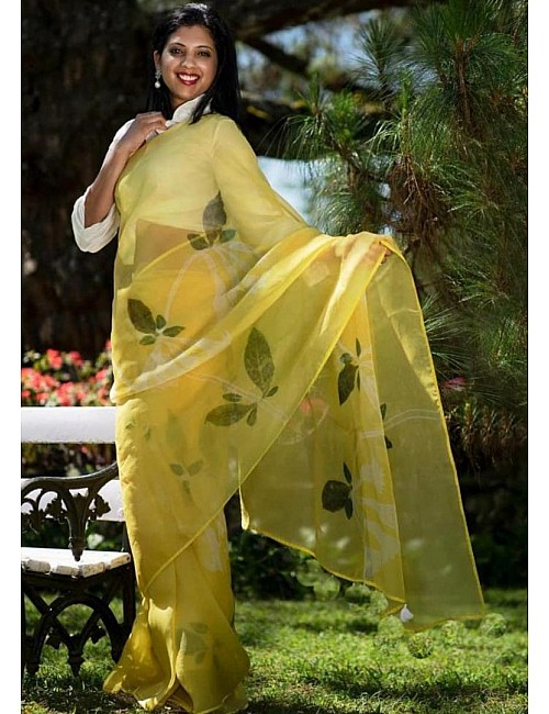 Light yellow organza digital printed saree