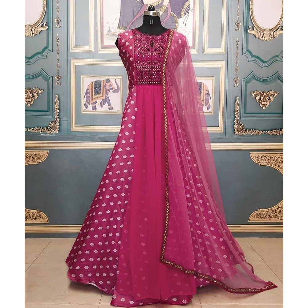 Magento pink italian silk digital print and embroidered gown