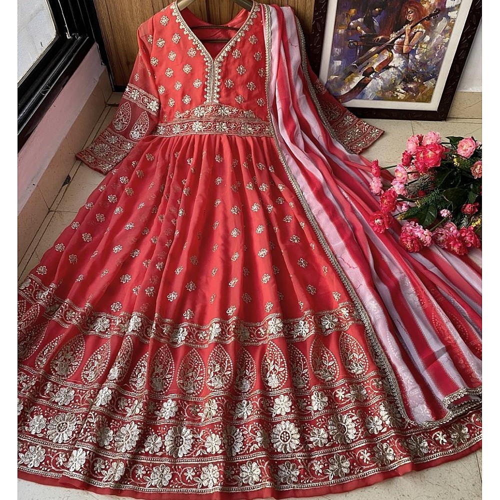 Magento red heavy georgette fully embroidered work occasional wear gown