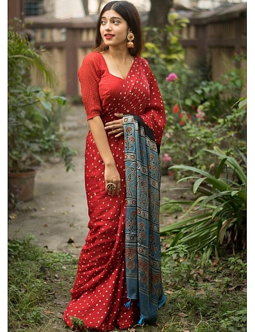 Magento red imported satin silk digital printed work saree