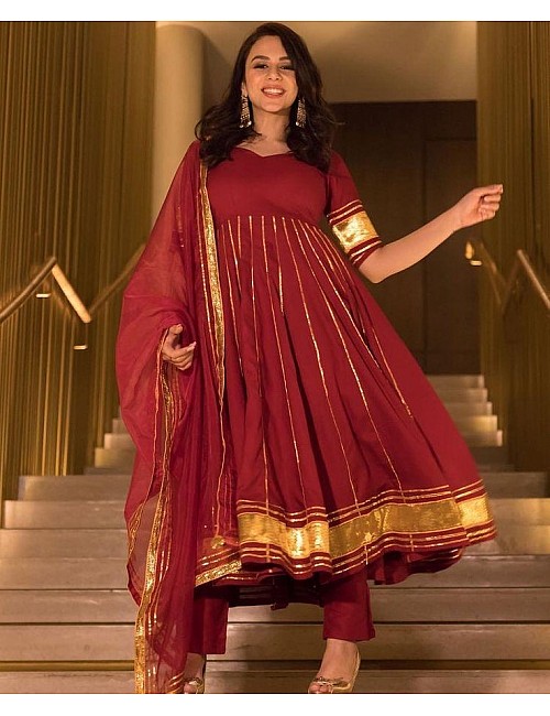 Maroon chanderi embroidered and line work salwar suit