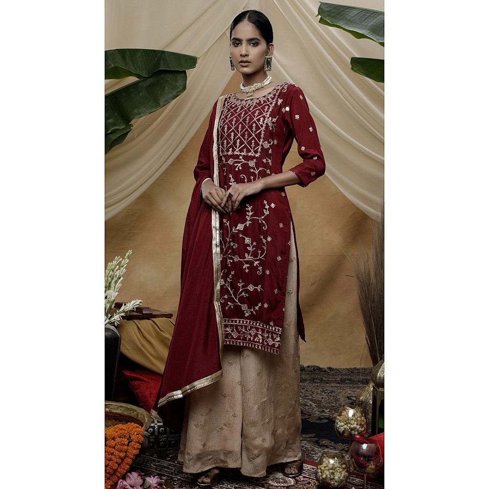 Maroon chinon semi sequence embroidered plazzo suit