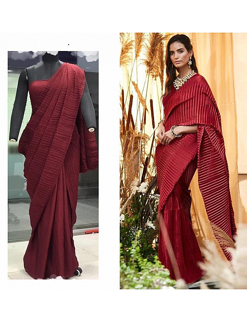 Maroon chinu pleating work party wear saree
