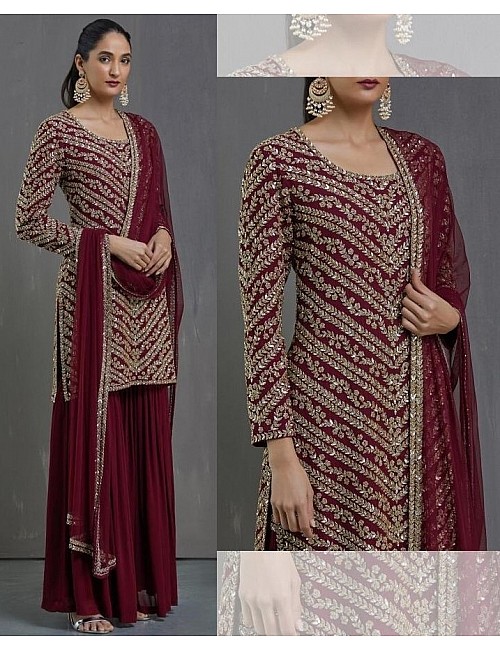 Maroon faux georgette embroidered sequence plazzo suit
