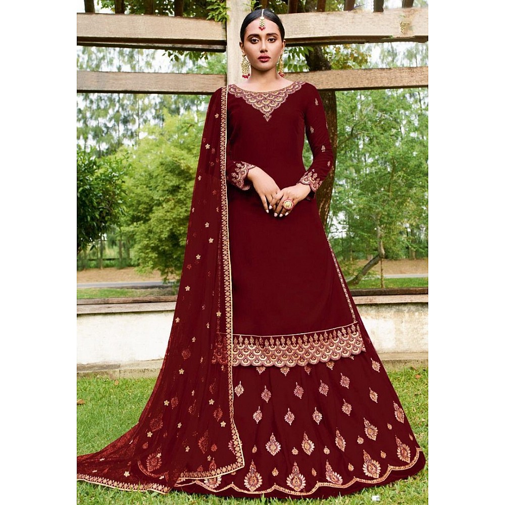 Maroon faux georgette embroidered stich work lehenga suit