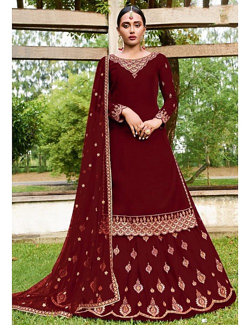 Maroon faux georgette embroidered stich work lehenga suit
