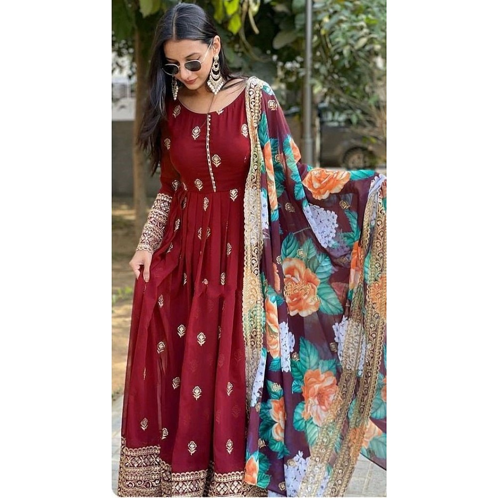 Maroon georgette embroidered anarkali suit with printed dupatta