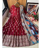 Maroon georgette embroidered anarkali suit with printed dupatta